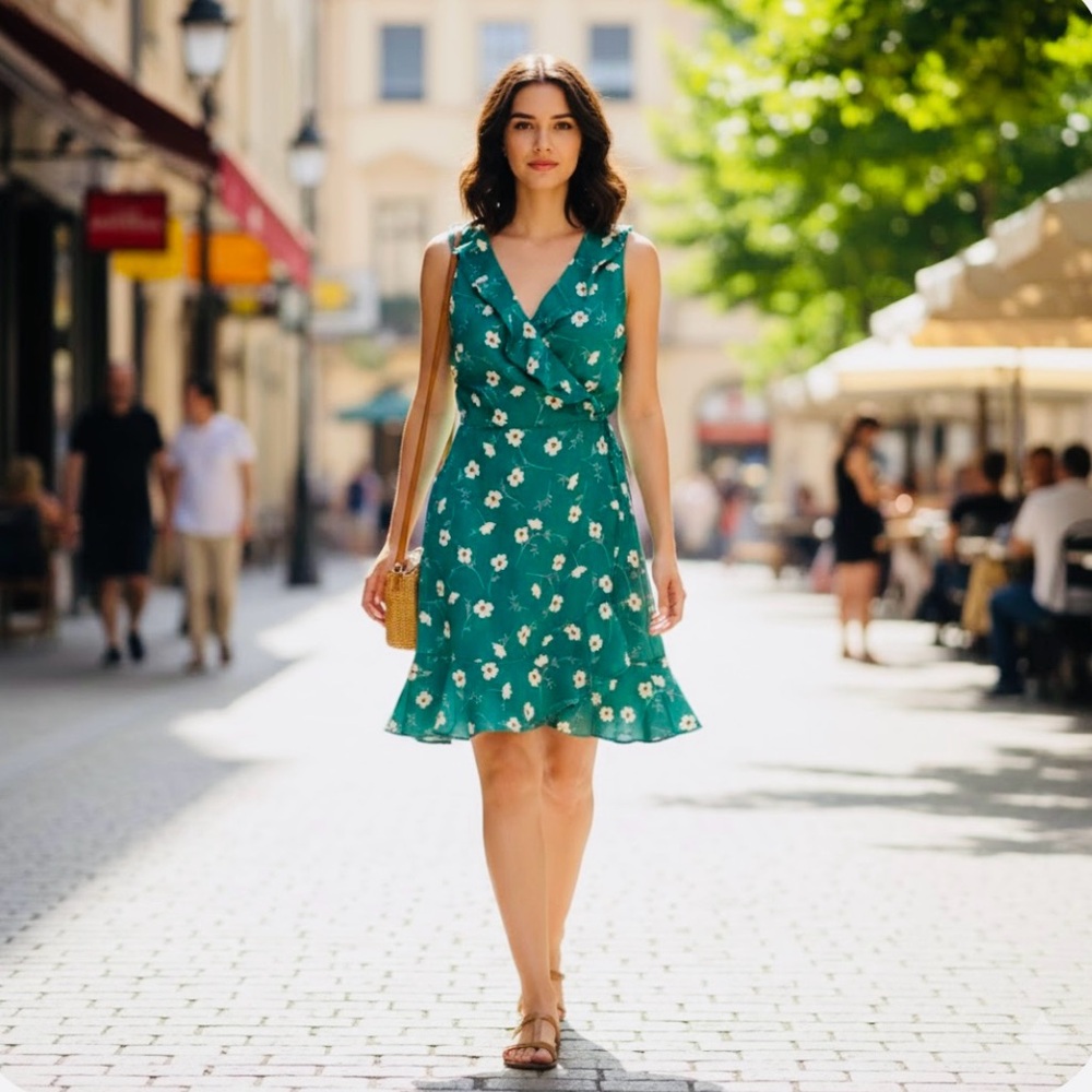 Le Lis Floral Green Wrap Summer Dress